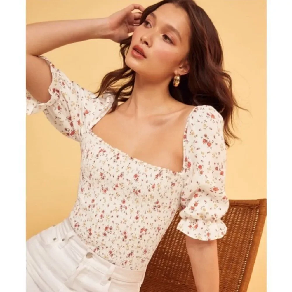 💕REFORMATION Clementine Ruched Floral Linen Top ~ Veronica Micro Floral XS NWOT